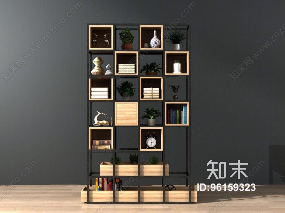 现代装饰架盆栽书籍摆件组合3D模型下载【ID:96159323】