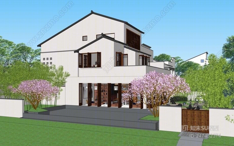 新中式别墅SU模型下载【ID:247432374】