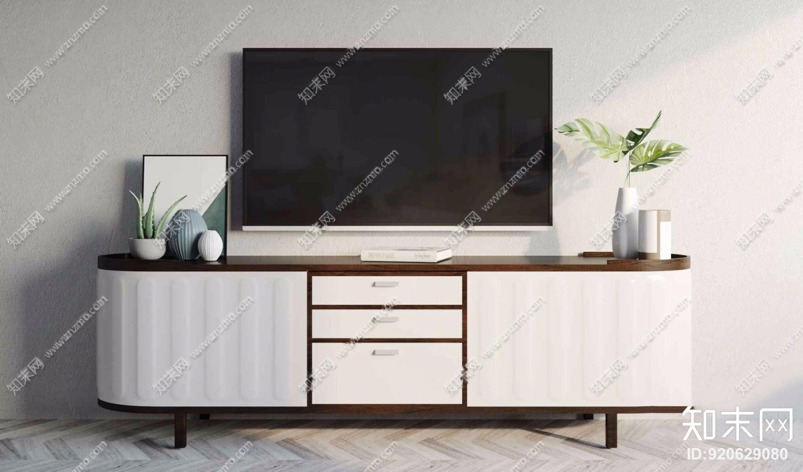 北欧实木电视柜电视机花卉摆件组合3D模型下载【ID:920629080】