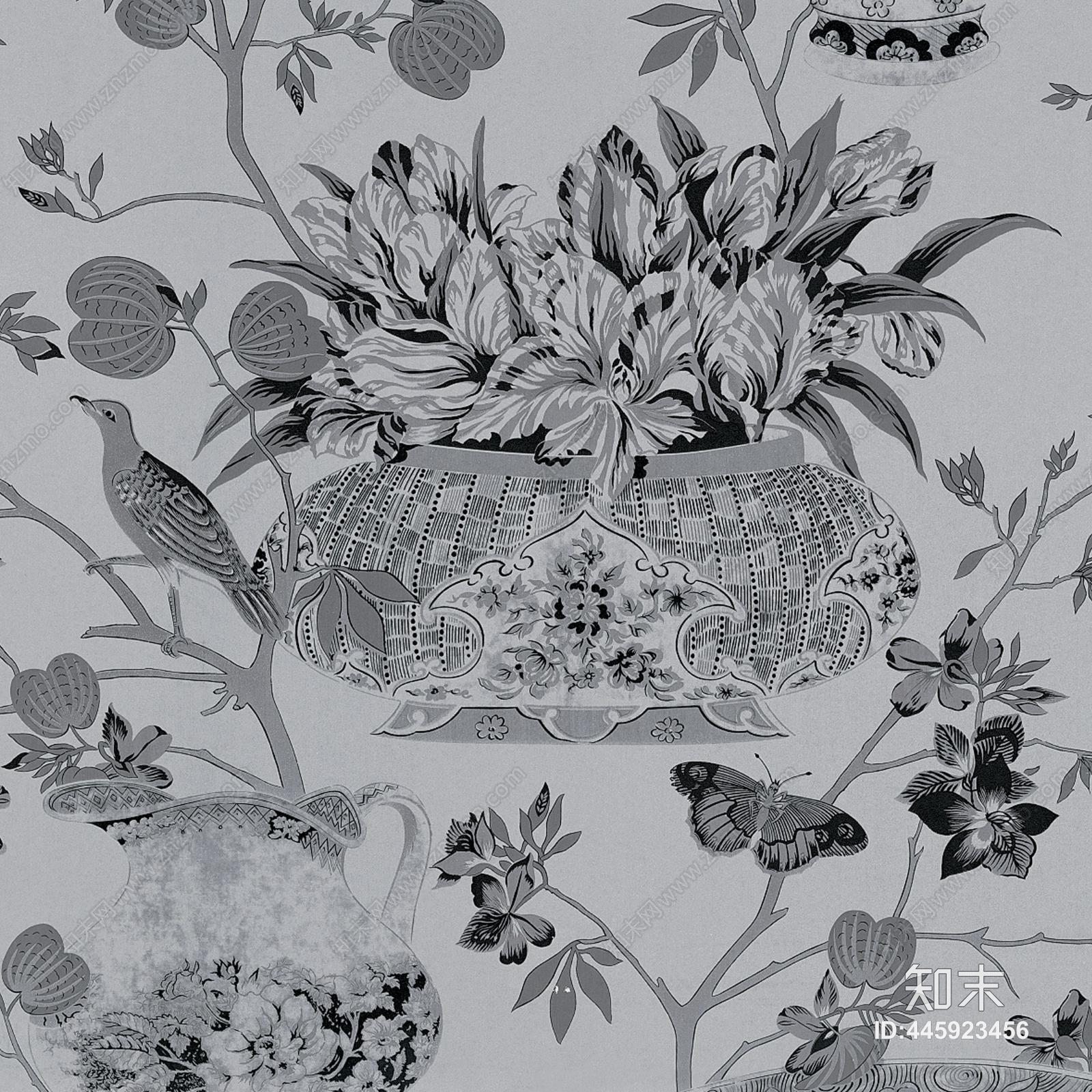 中式花瓶植物工笔风格装饰壁纸壁画贴图下载【ID:445923456】