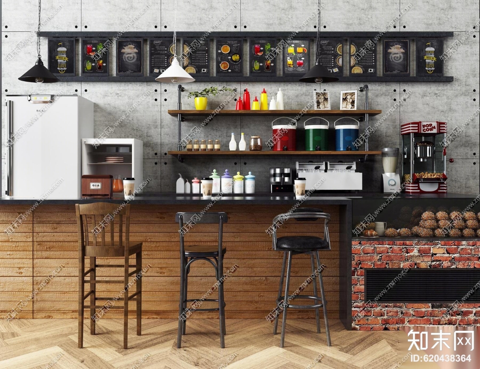 工业风奶茶店爆米花机吧台3D模型下载【ID:620438364】