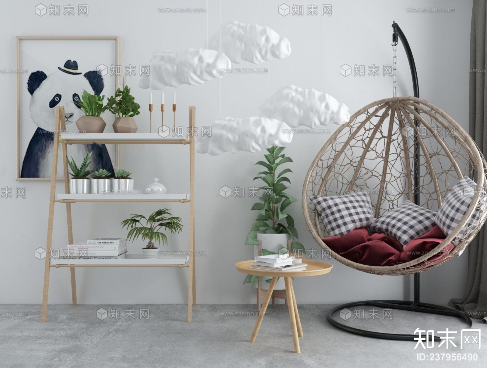 北欧户外休闲吊椅装饰柜挂画盆栽组合3D模型下载【ID:237956490】