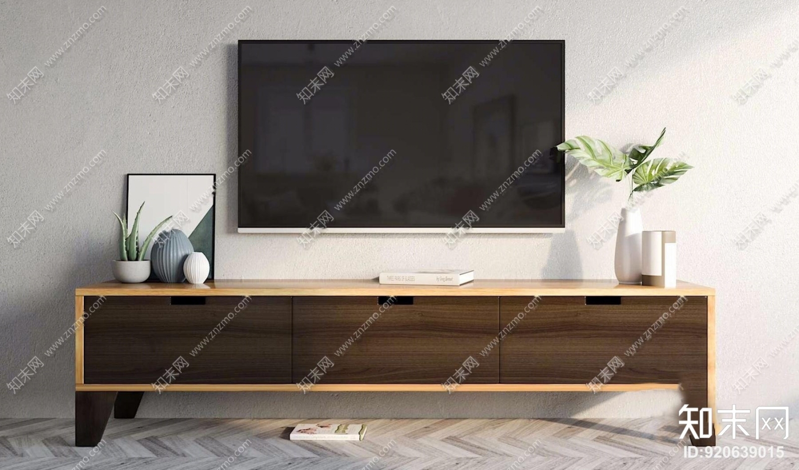 现代简约实木电视柜电视机花卉摆件组合3D模型下载【ID:920639015】