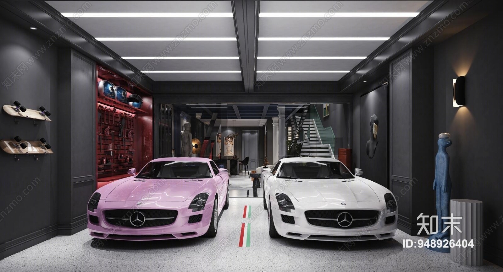 现代地下车库休息室吧台柜子3D模型下载【ID:948926404】