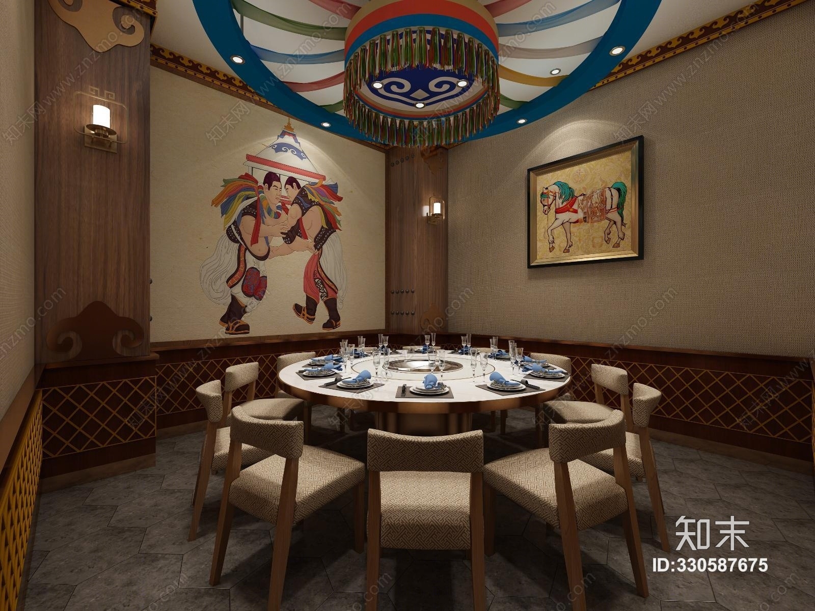 其它蒙古风格火锅店蒙古包房3D模型下载【ID:330587675】