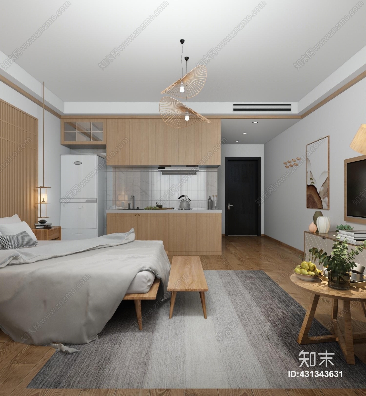 日式简约民宿厨房床具冰箱挂画灯具地毯3D模型下载【ID:431343631】