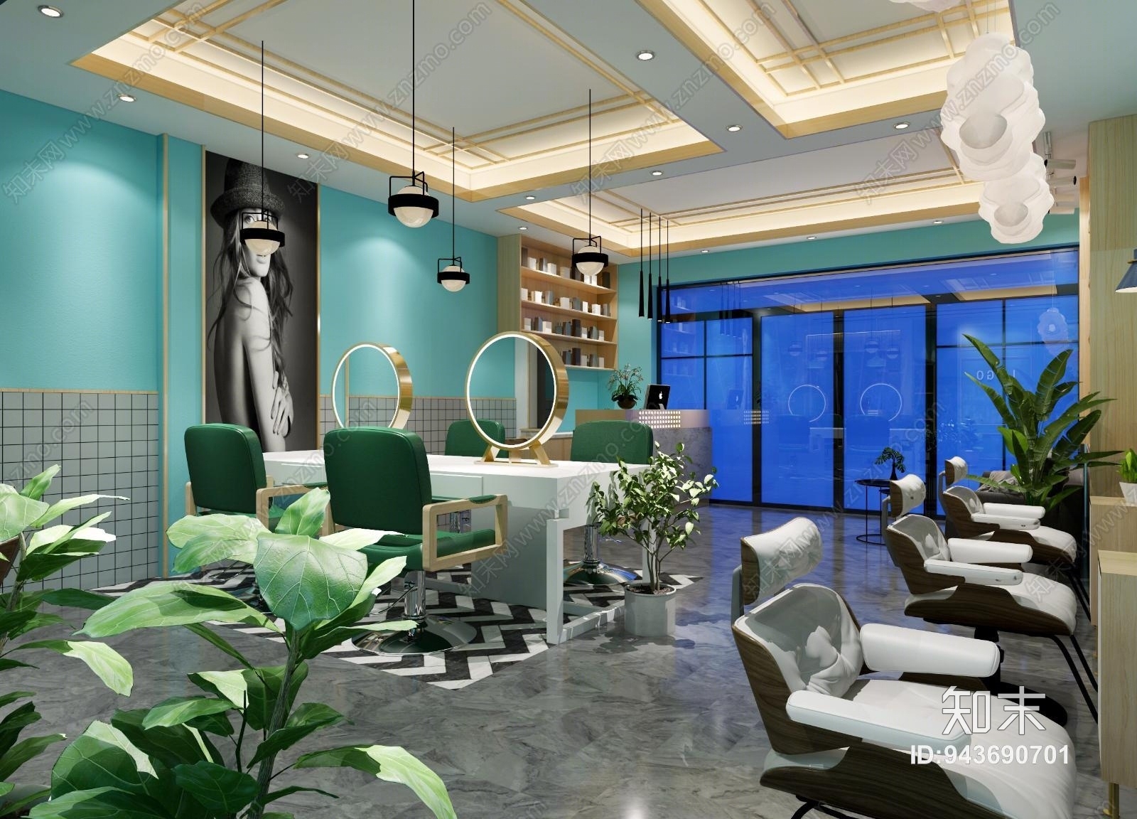 北欧简约个性蓝色美发理发店3D模型下载【ID:943690701】