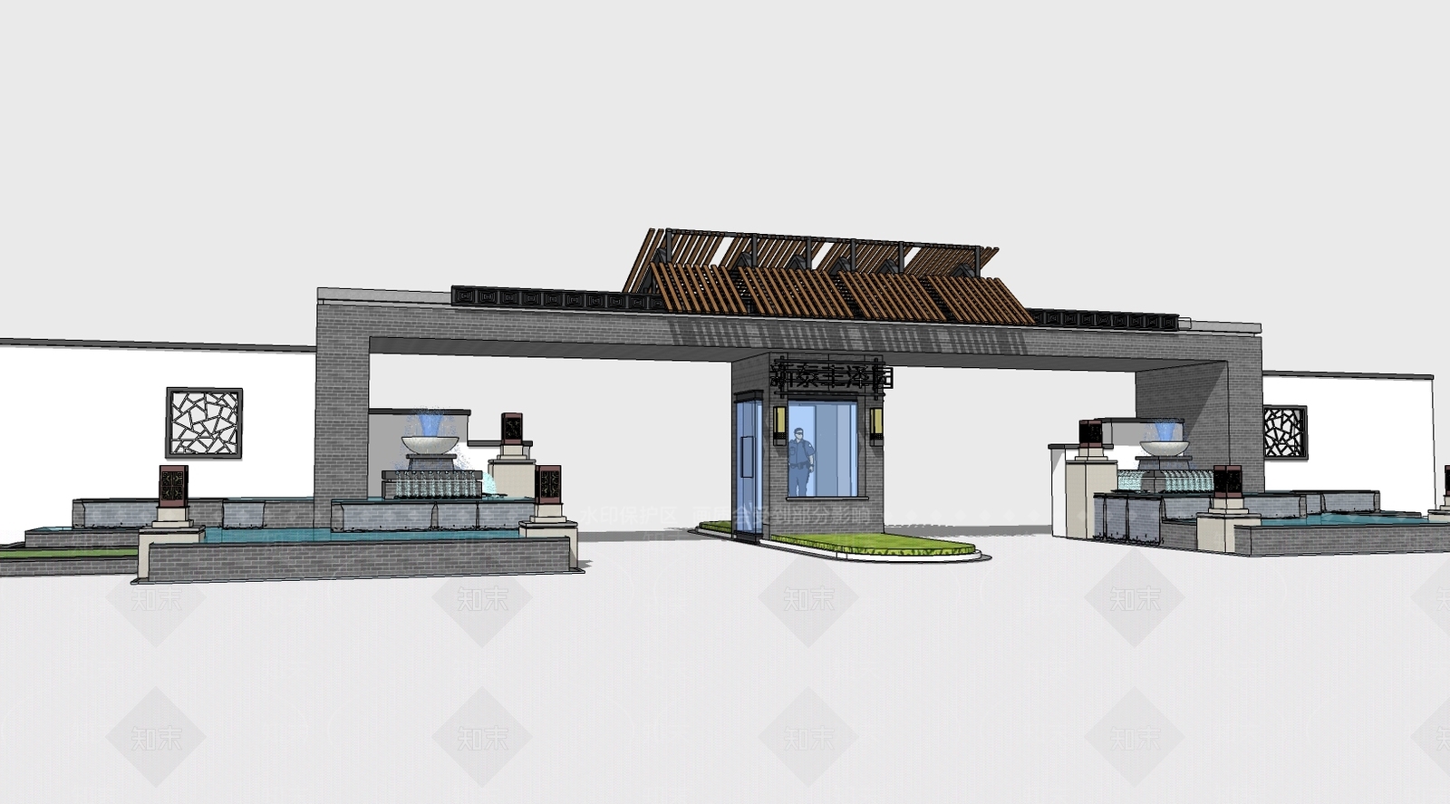 新中式小区大门入口岗亭SU模型下载【ID:932449113】