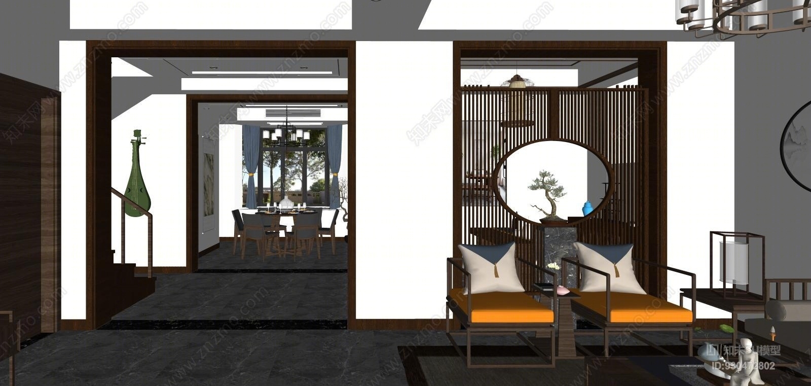 中式客厅茶室餐厅室内SU模型下载【ID:930472802】