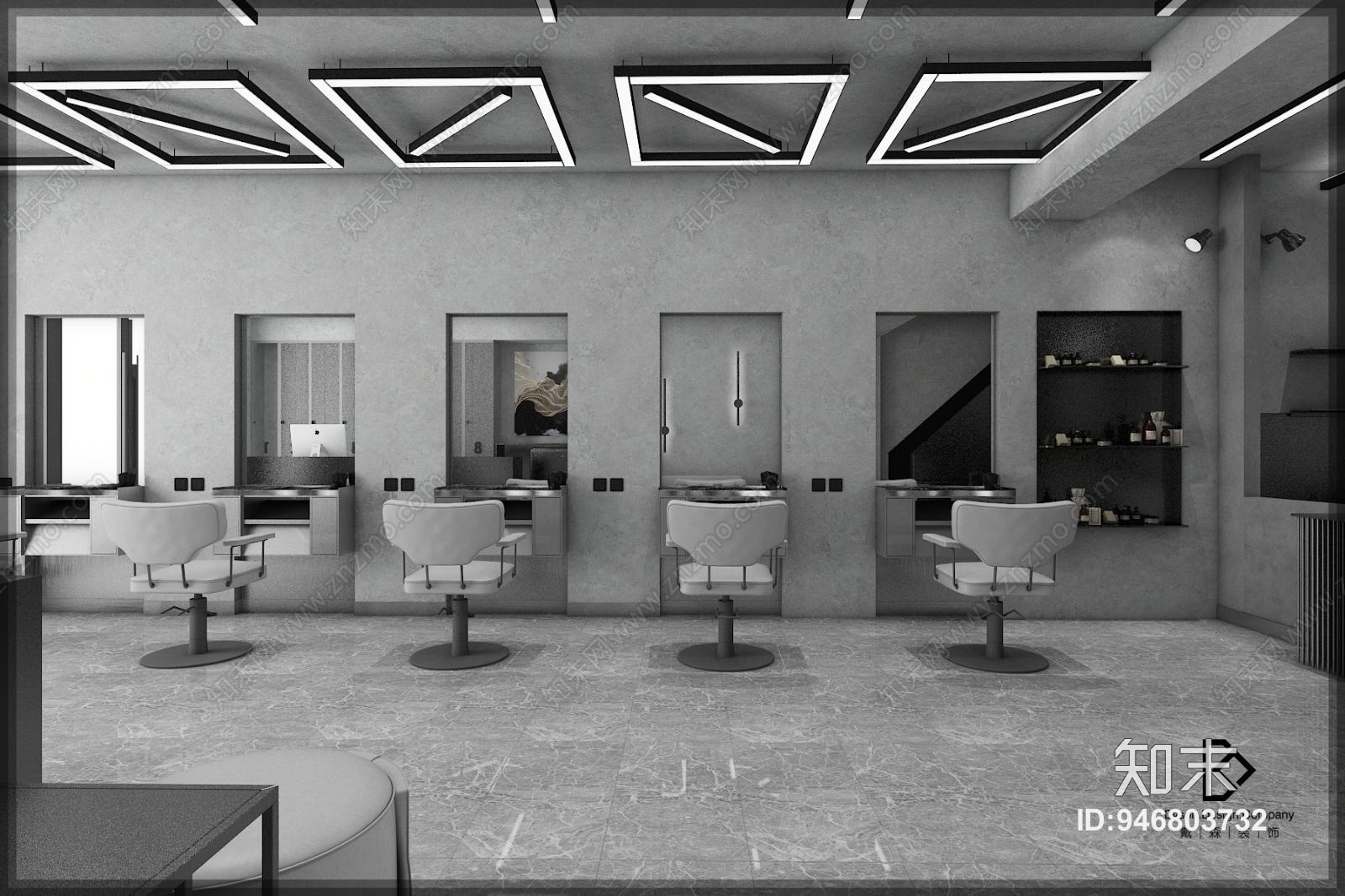 工业风黑白色调美发店3D模型下载【ID:946803732】