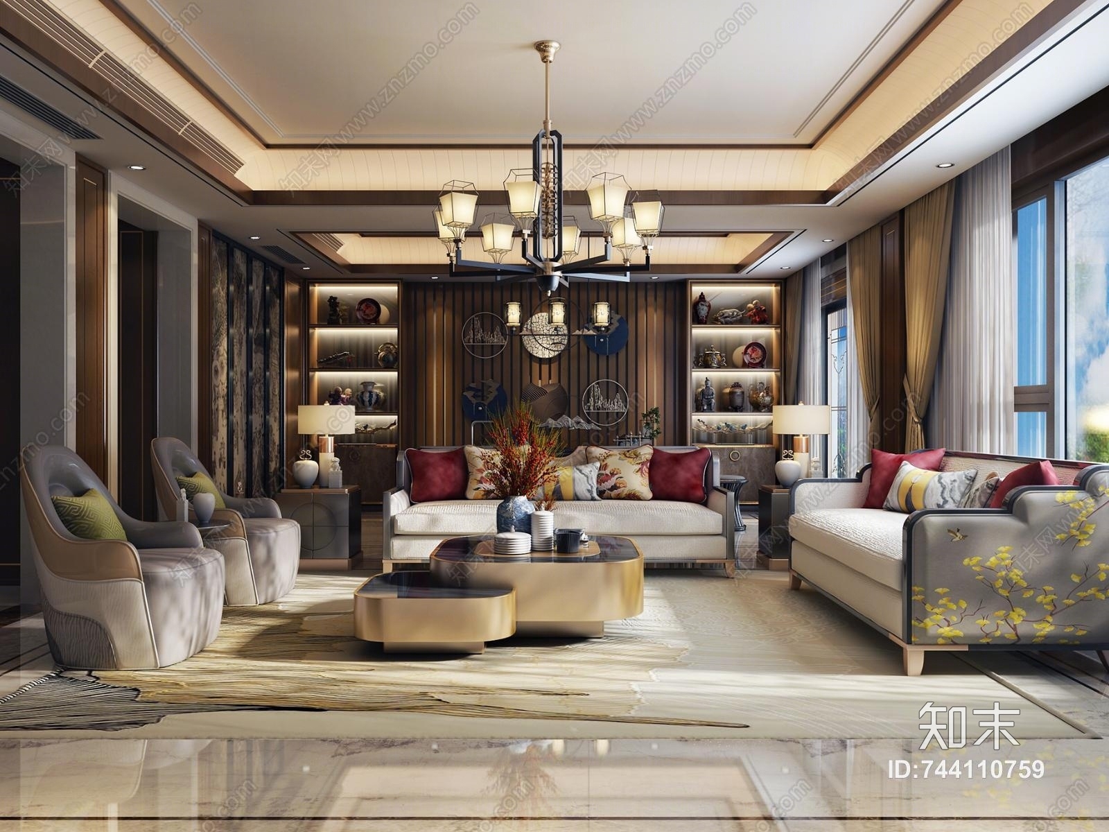 新中式客厅空间3D模型下载【ID:744110759】