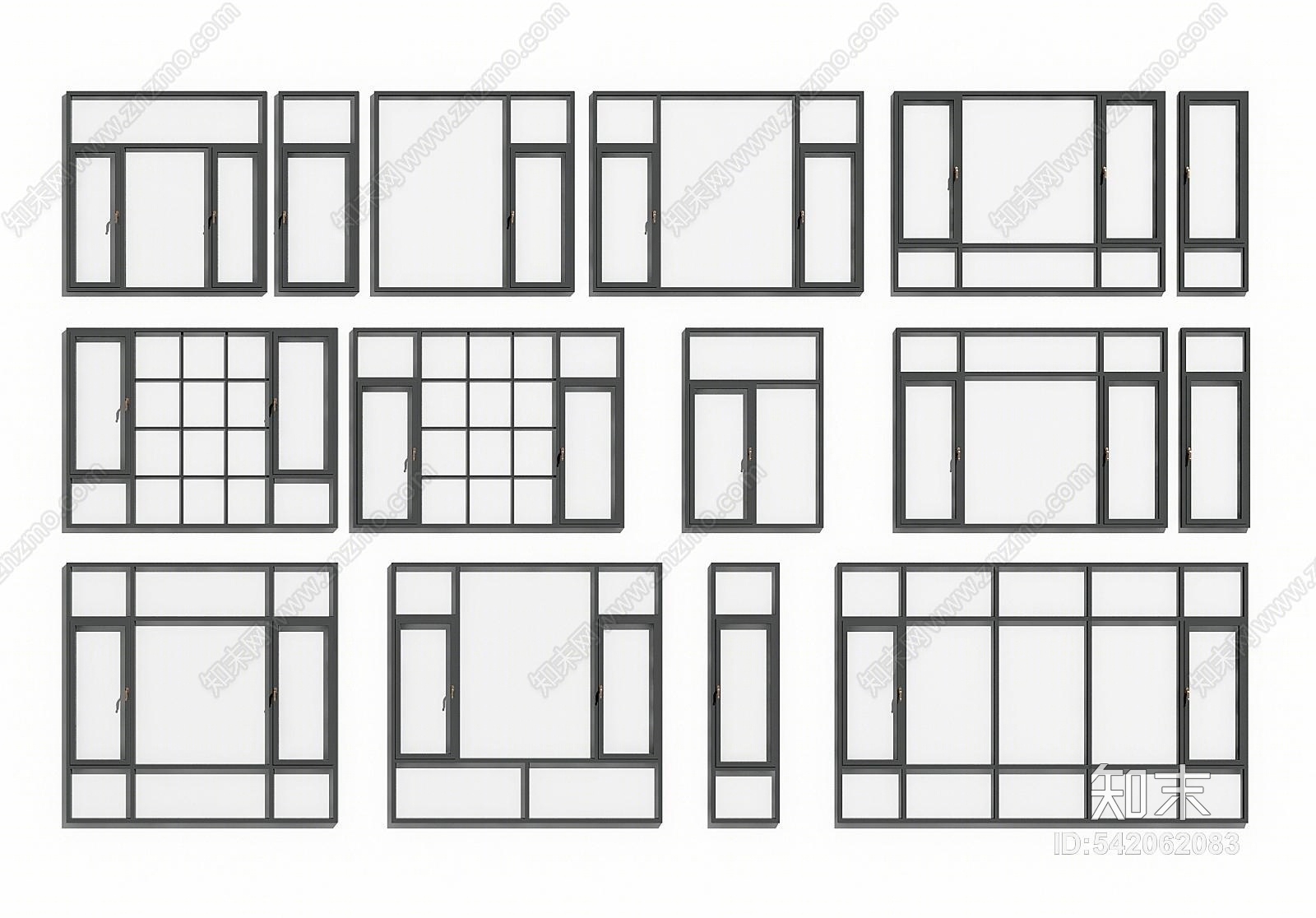 现代铝合金门窗组合3D模型下载【ID:542062083】