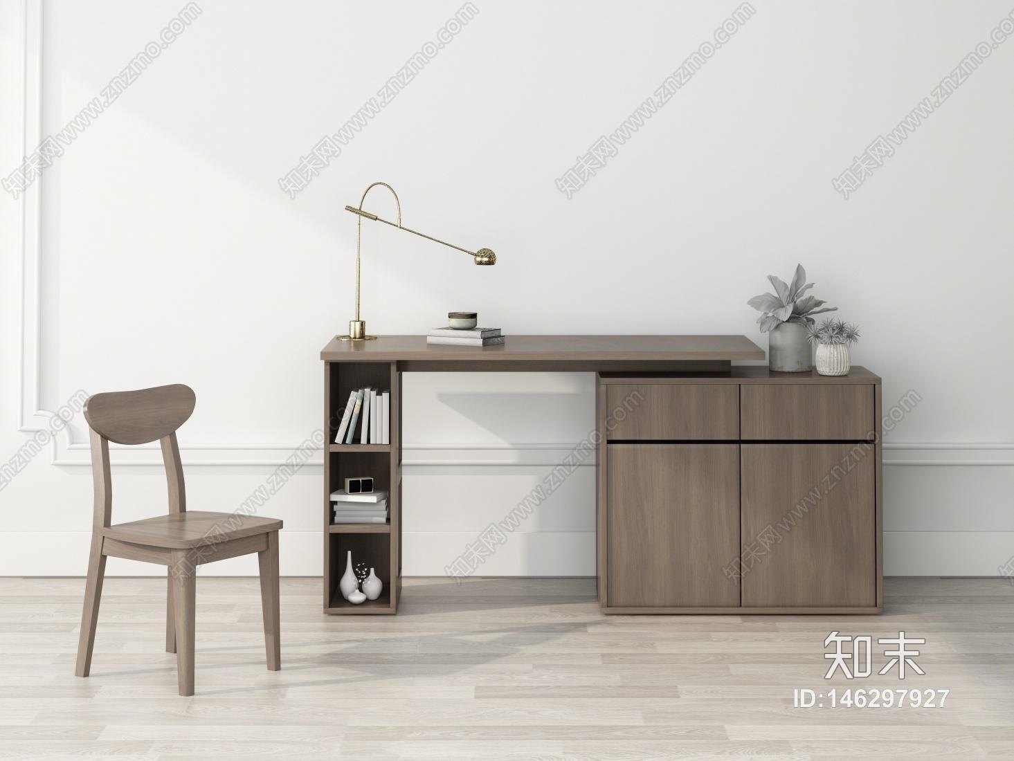 现代简约书桌带书架组合3D模型下载【ID:146297927】
