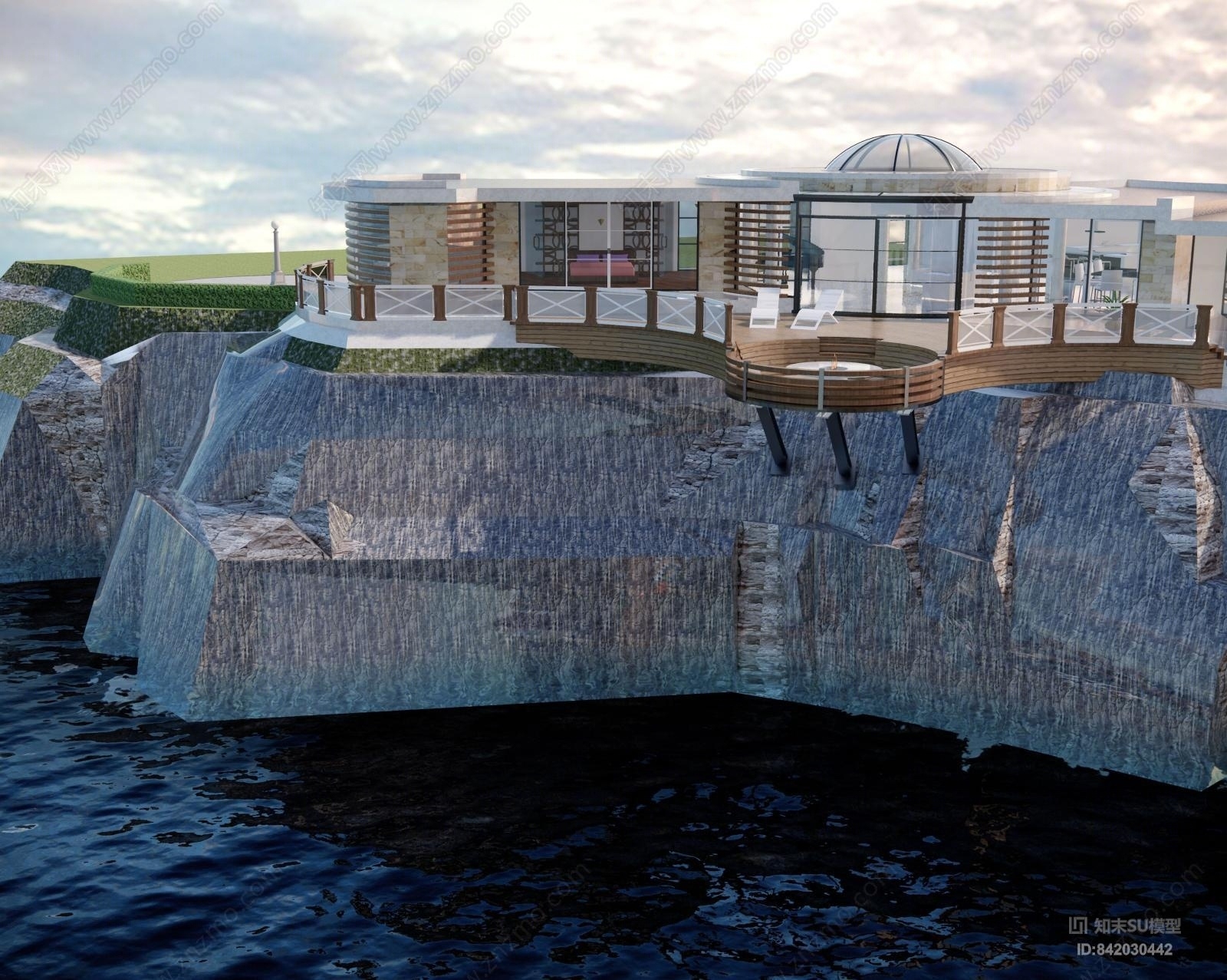 现代滨水悬崖别墅住宅SU模型下载【ID:842030442】