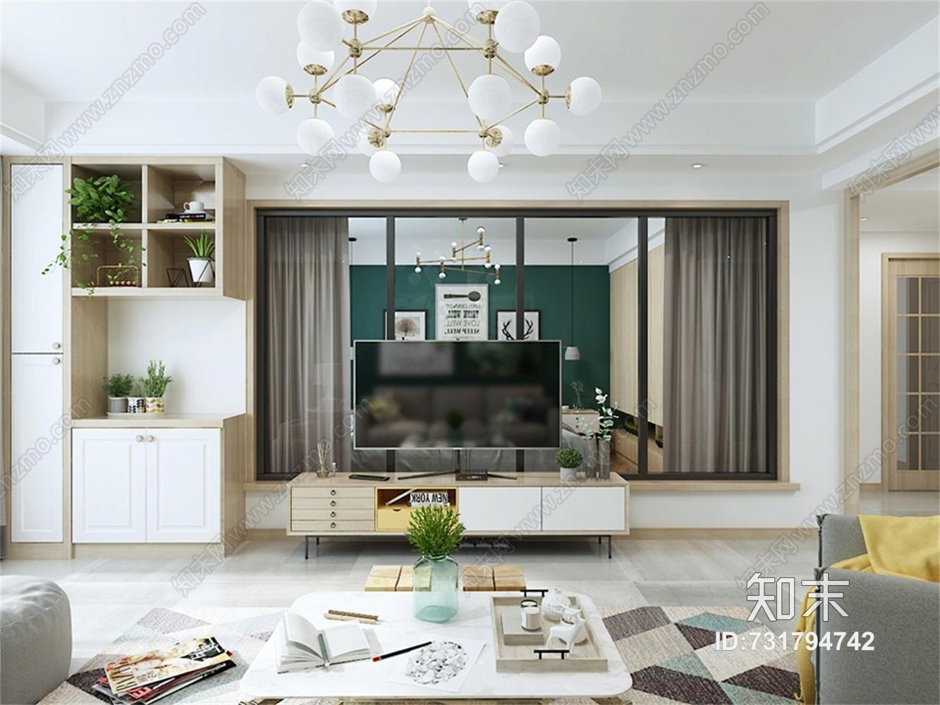 北欧客厅餐厅厨房沙发柜子餐桌橱柜冰箱吊灯3D模型下载【ID:731794742】