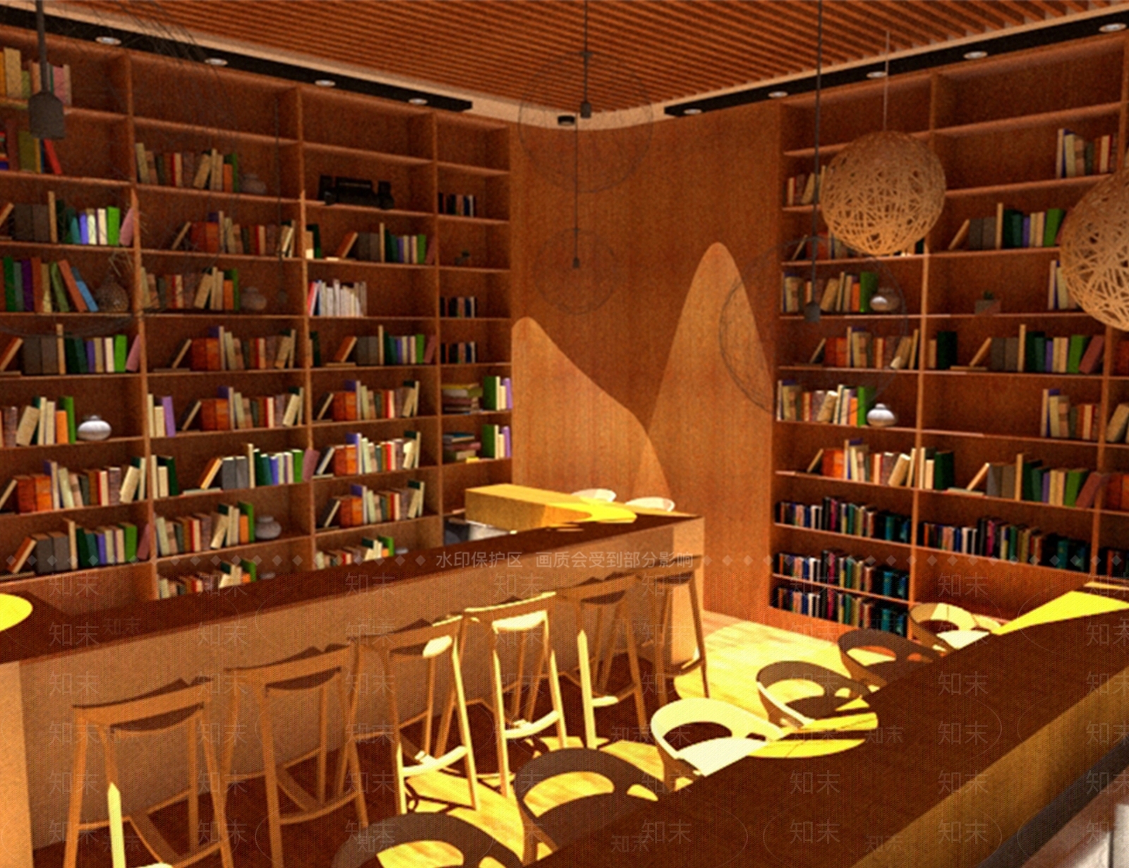 现代简约书吧咖啡厅吊顶格栅吊顶SU模型下载【ID:633119573】