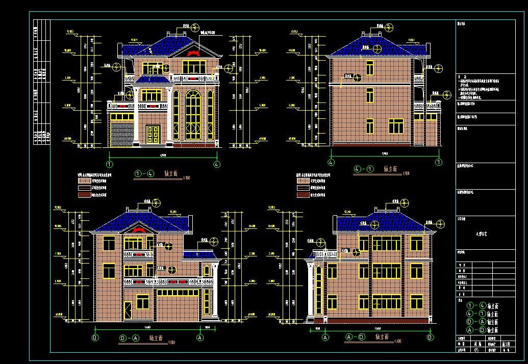 3层独栋别墅天蓝色波型瓦建筑设计（cad+效果图）施工图下载【ID:149871189】