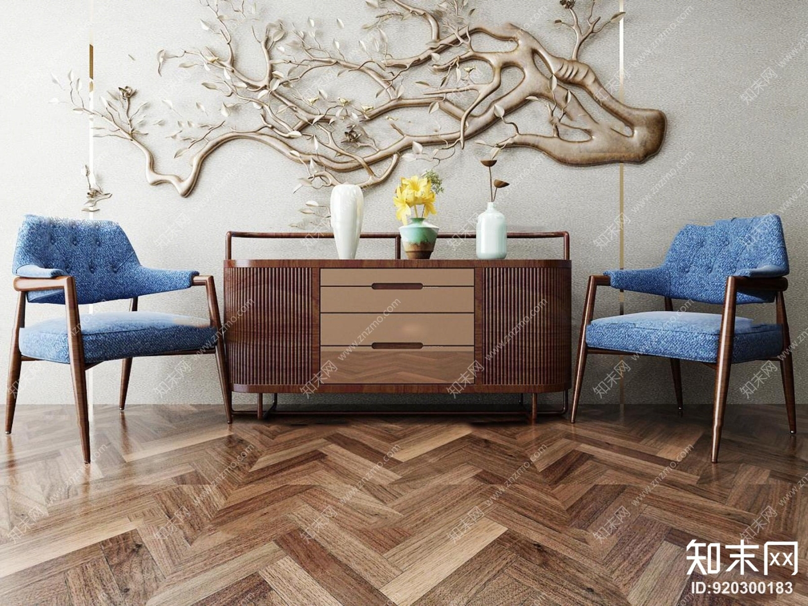 新中式边柜斗柜单椅摆件立体树枝墙饰组合3D模型下载【ID:920300183】