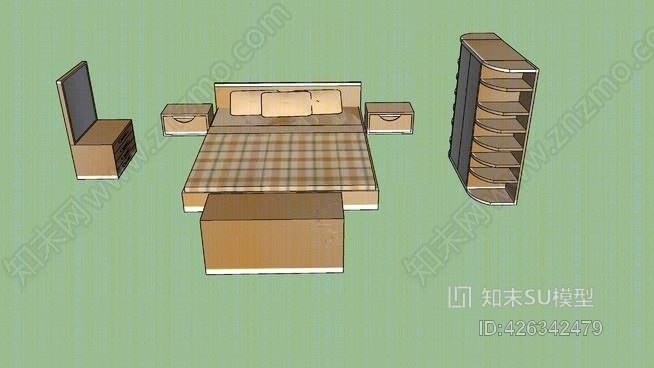 卧室梳妆台床头枕头床头抽屉衣柜衣柜镜子床单SU模型下载【ID:426342479】