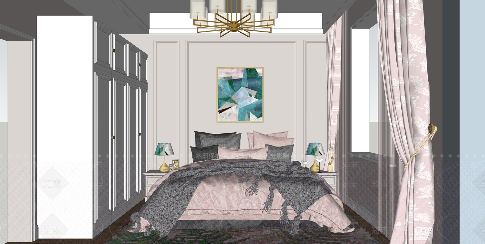 简美现代卧室床吊灯窗帘衣柜挂画床头柜SU模型下载【ID:232645886】