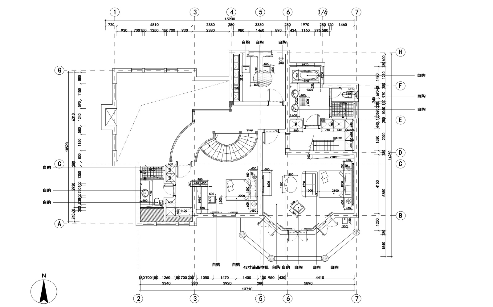 两层美式风格别墅室内装修施工图+效果图cad施工图下载【ID:160117135】