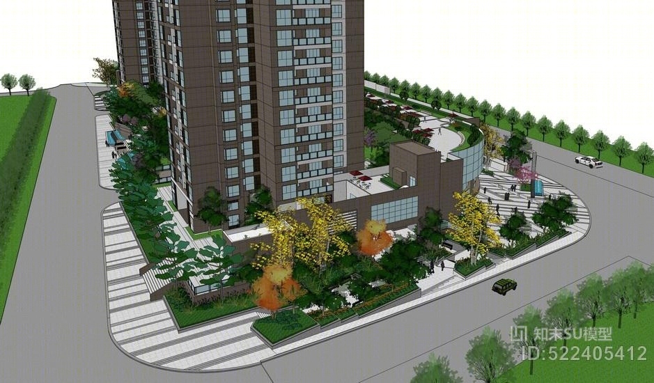 现代高层住宅小区景观SU模型下载【ID:522405412】