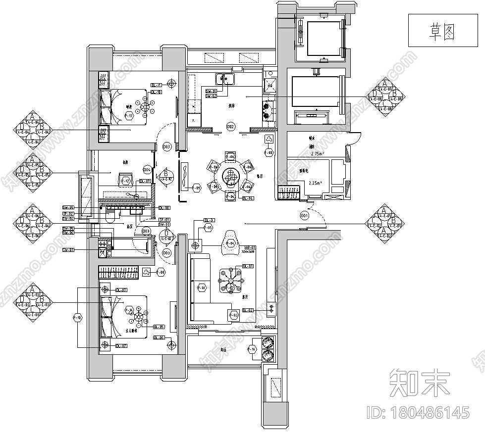 现代风格132㎡样板间效果图施工图纸+物料施工图下载【ID:180486145】