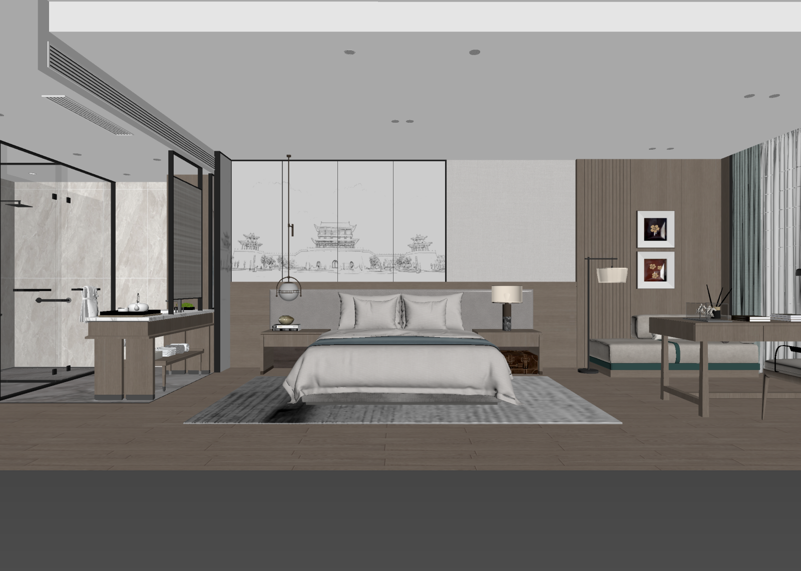 新中式酒店客房3D模型下载【ID:1214950094】