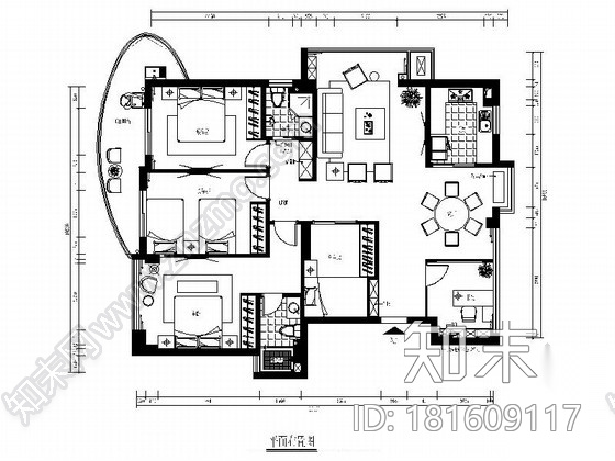 [福州]现代简约风格五居室样板间装修图（含效果）cad施工图下载【ID:181609117】