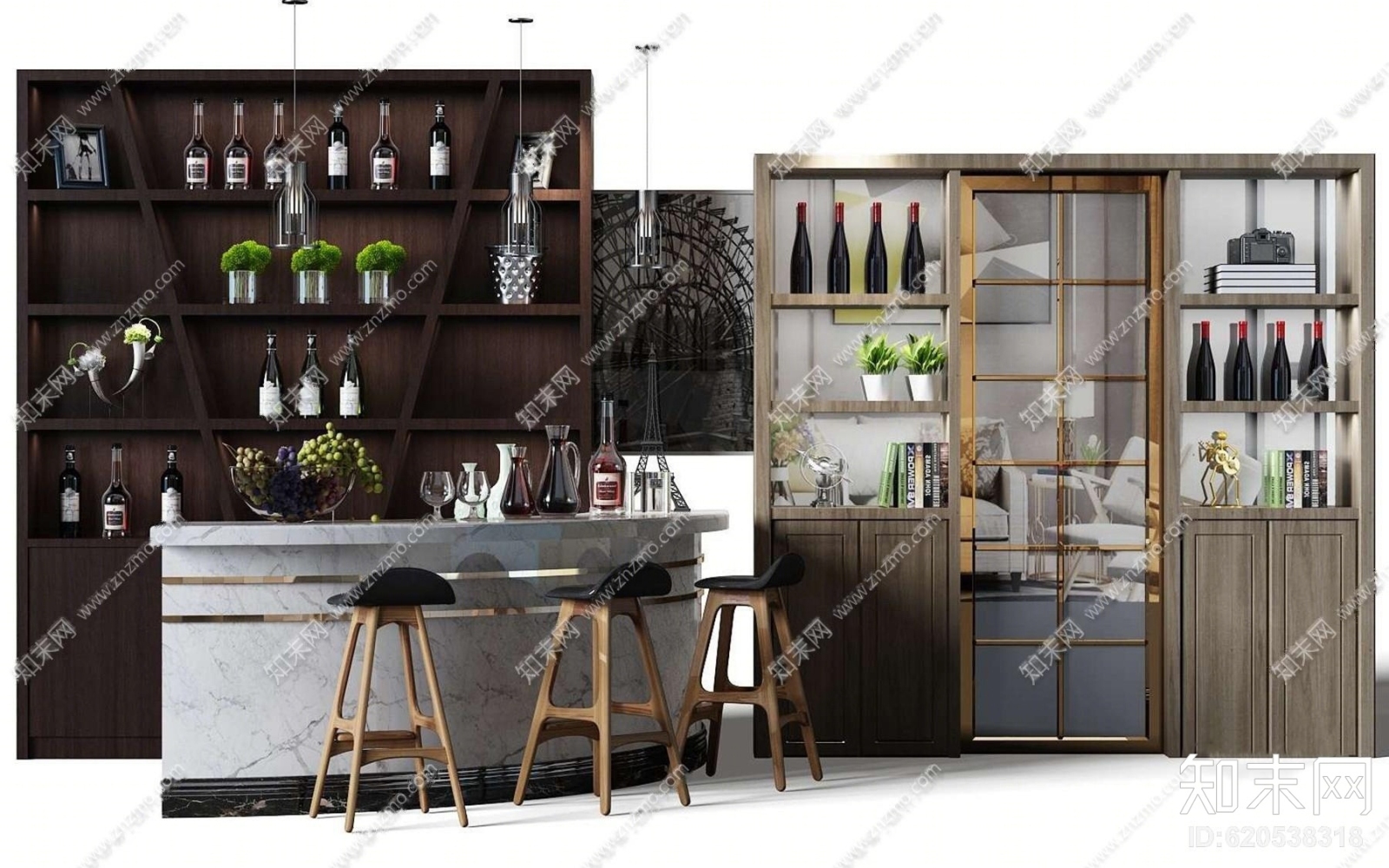 现代酒柜吧台摆件组合3D模型下载【ID:620538318】