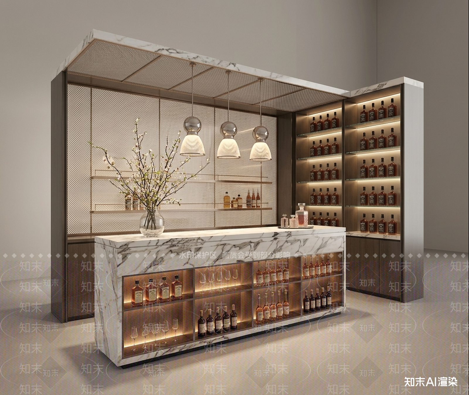 大理石复合吧台（带酒柜）酒馆3D模型下载【ID:1227544826】