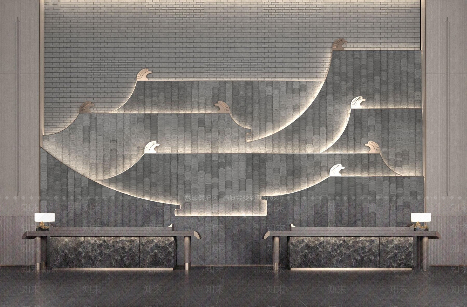 新中式瓦片沙发背景墙3D模型下载【ID:883189037】