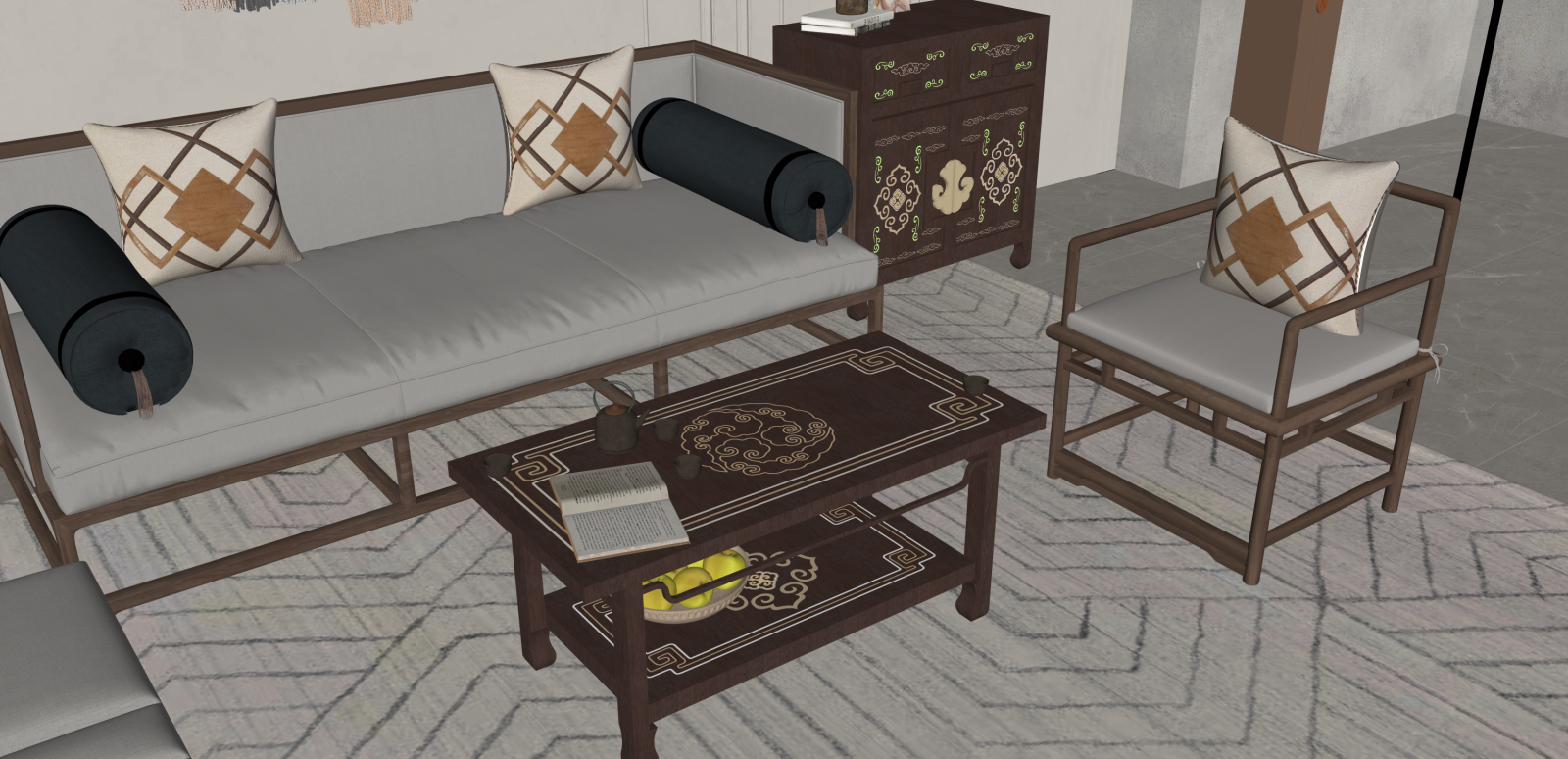 新中式家居客厅SU模型下载【ID:1215934305】
