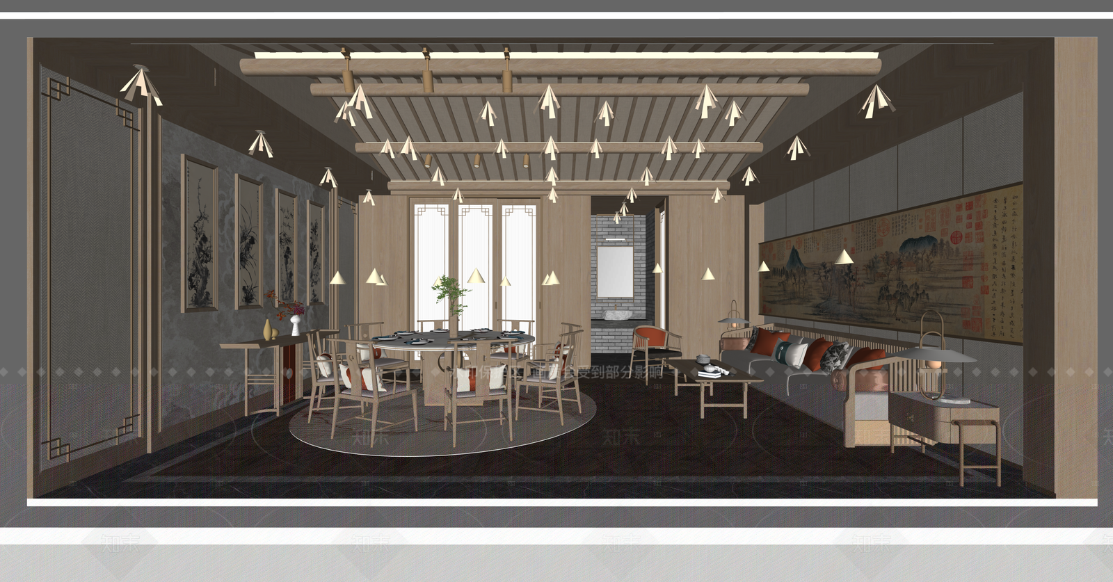 新中式家居餐厅SU模型下载【ID:1215945932】