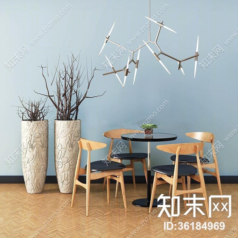 现代桌椅盆栽组合3D模型下载【ID:36184969】