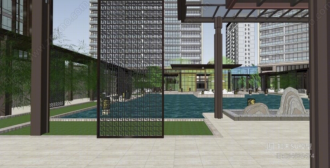 中式小区景观SU模型下载【ID:534832474】