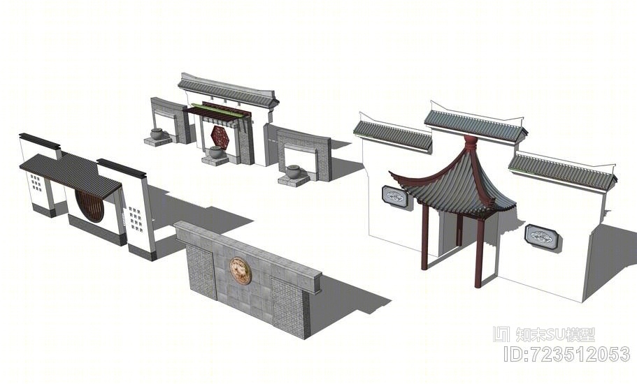 中式景墙中式门头组合SU模型下载【ID:723512053】