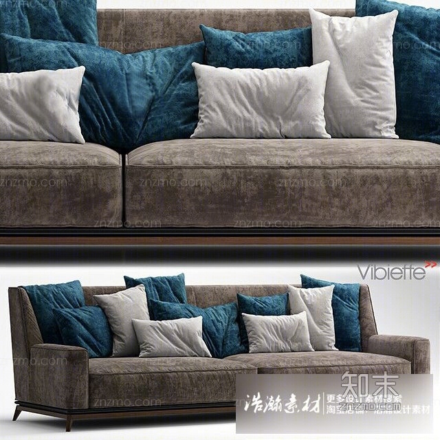 现代风绒布褐色布艺沙发3D模型下载【ID:95807299】_知末3d模型网