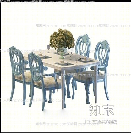 现代白色木艺餐桌椅组合3D模型下载【ID:32687943】