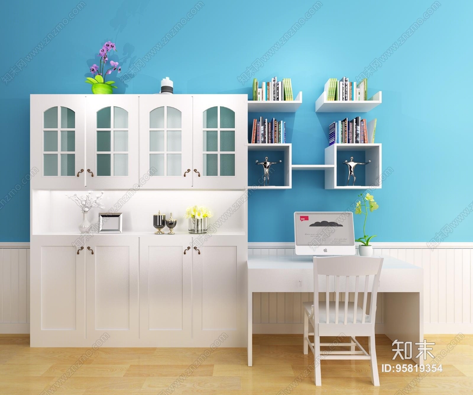 田园地中海书柜书桌3D模型下载【ID:95819354】