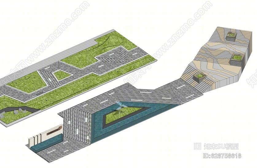 台阶铺装水景SU模型下载【ID:628758618】