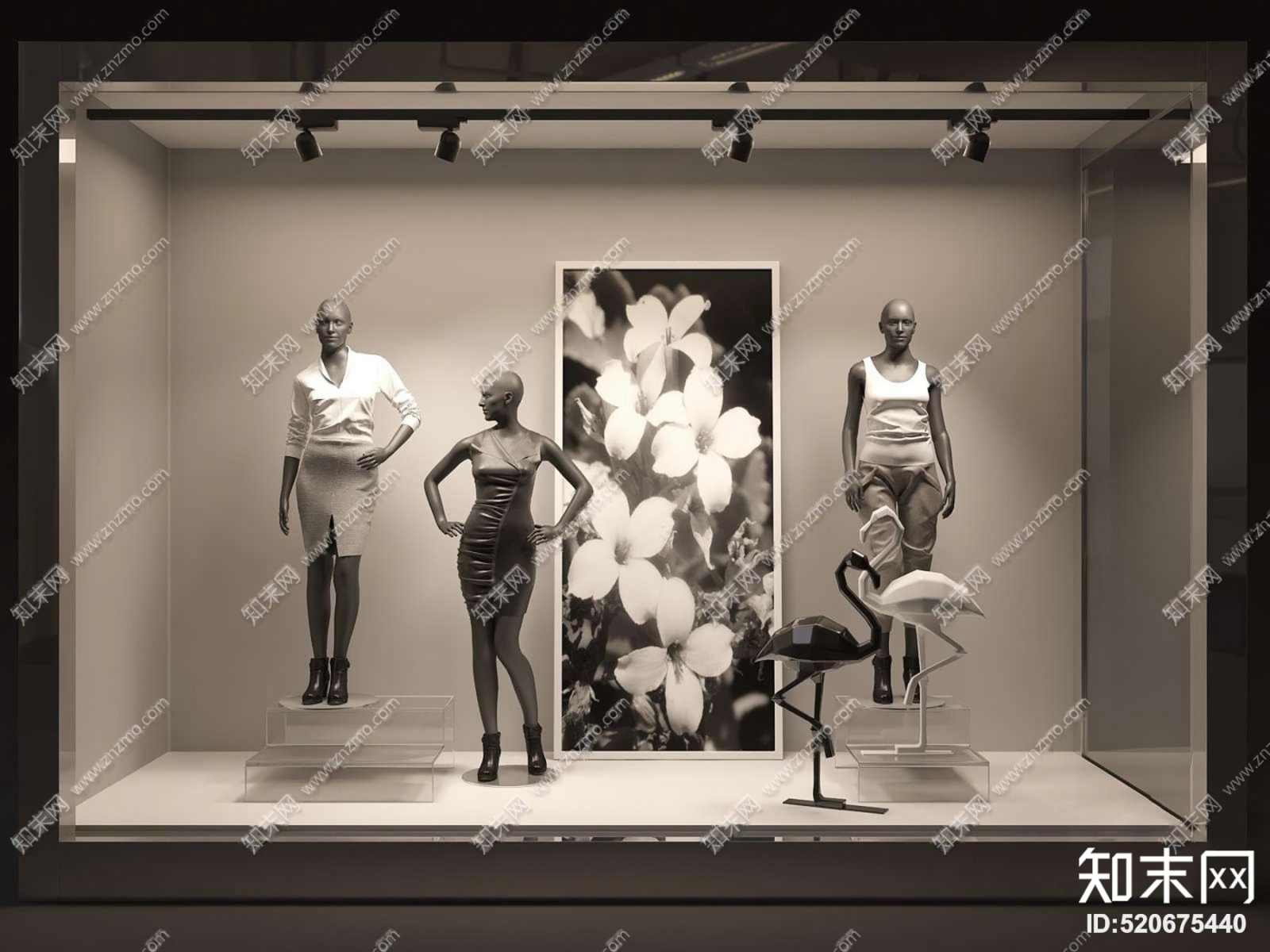 现代服装模特橱窗组合3D模型下载【ID:520675440】
