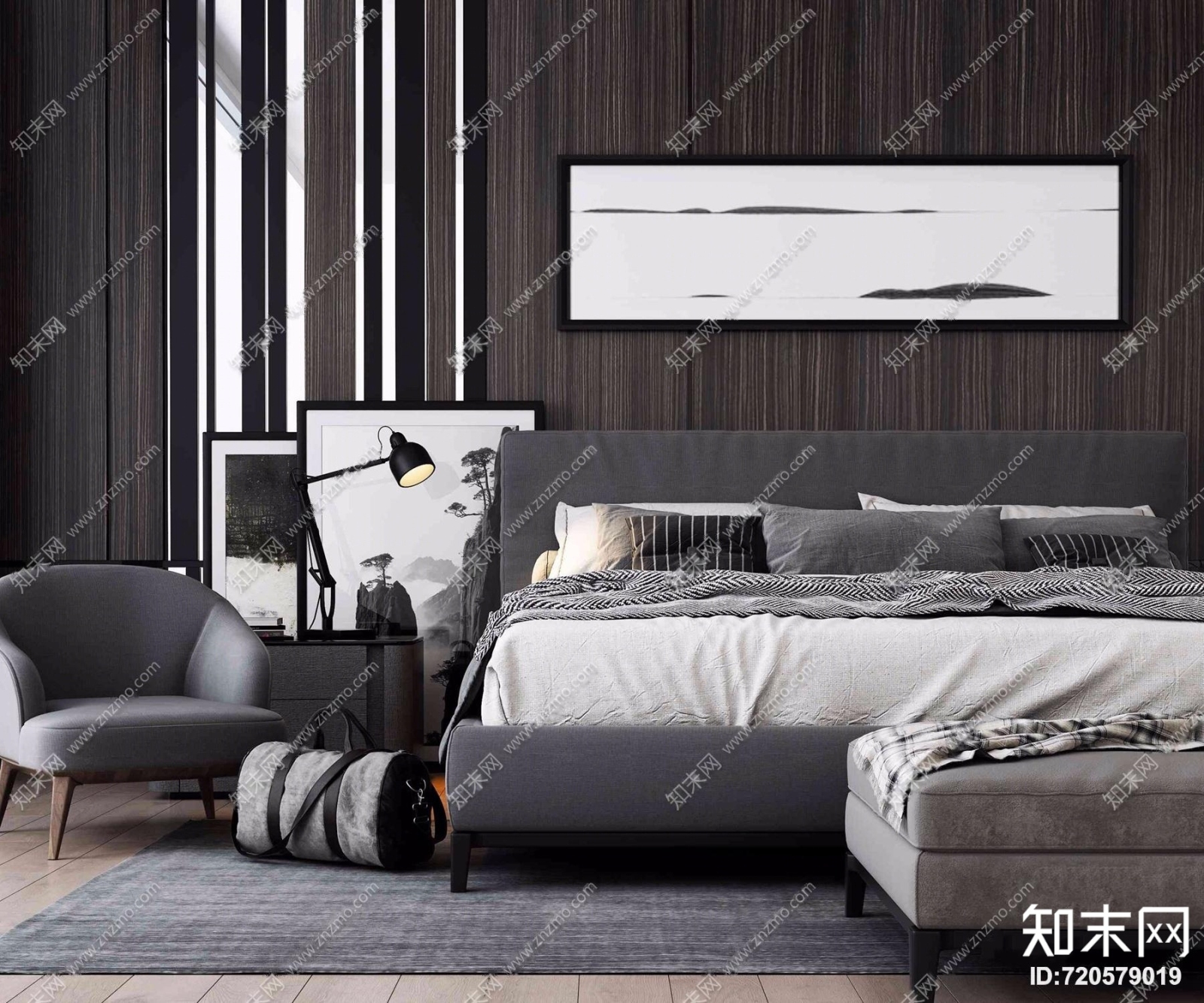 现代布艺双人床床头柜单椅组合3D模型下载【ID:720579019】