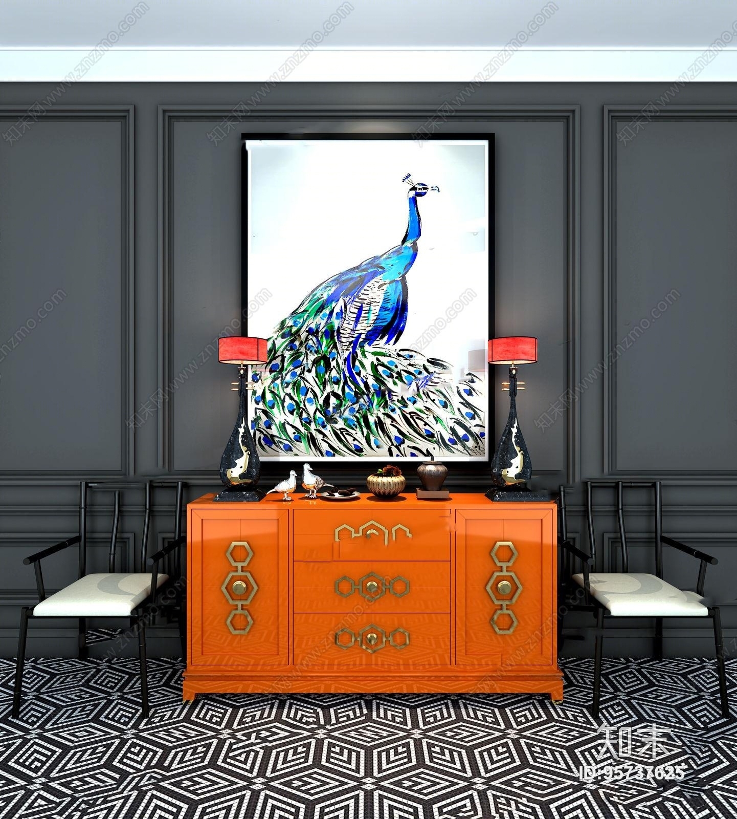 新中式玄关柜3D模型下载【ID:95737625】