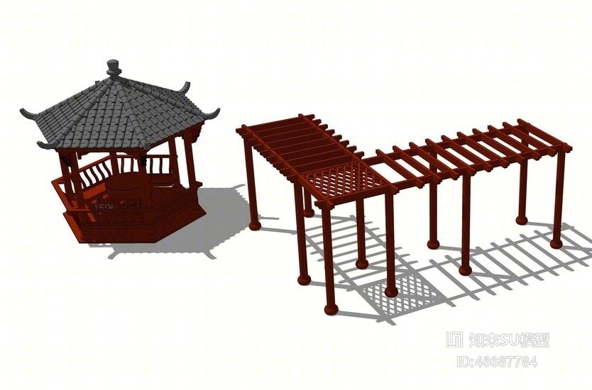 中式凉亭花架组合SU模型下载【ID:46687784】