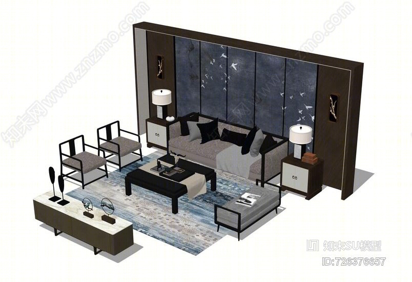 新中式客厅沙发茶几背景墙电视柜组合SU模型下载【ID:726376657】