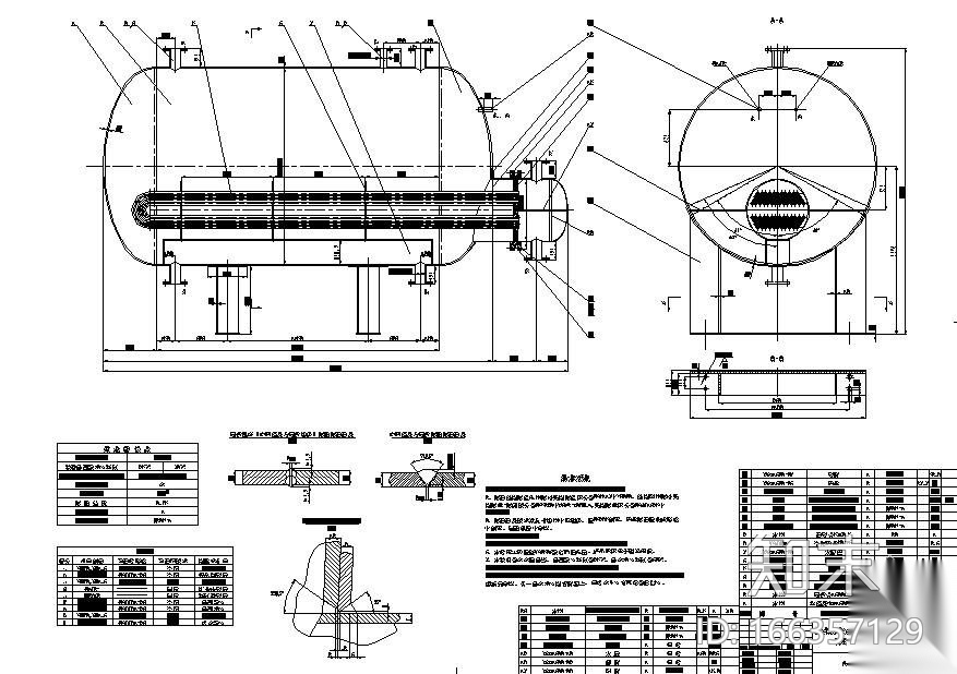 卧式容积式换热器总装图cad施工图下载【ID:166357129】