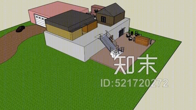一个有两个房间的房子，一辆奔驰在车道上，一个大车库，一个很棒的烤架和其他东西。SU模型下载【ID:521720272】