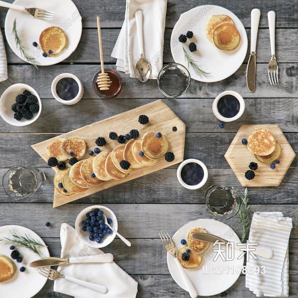 现代蓝莓餐具食品组合3D模型下载【ID:24108693】