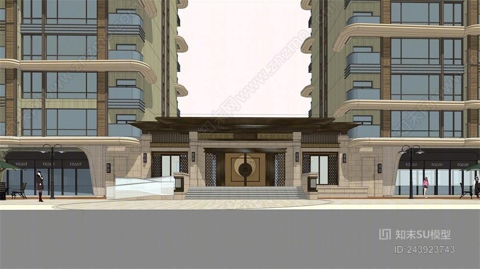 现代中式高层住宅SU模型下载【ID:243923743】